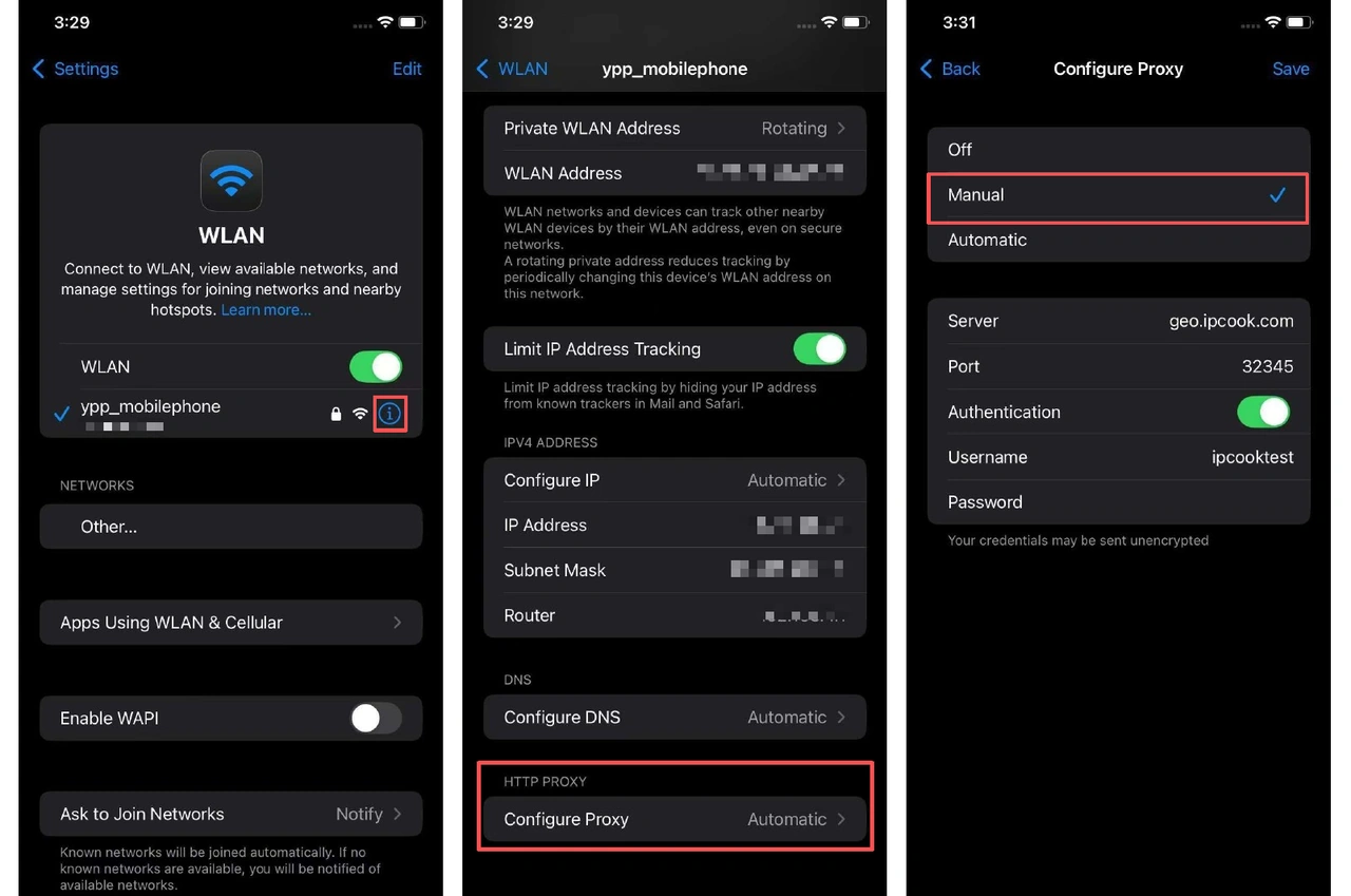 configure manual proxy on iPhone
